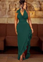 This Women's Swing Neck Halter Neck Gown Sexy Low Back Ruffle Dress Design Made Of Good Quality Polyster And Spandex Material