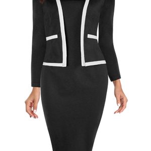 This Women's Three Quarter Sleeve Fake Two Piece Patchwork Professional Bodycon Dress Design Made Of High End Polyster And Spandex Material