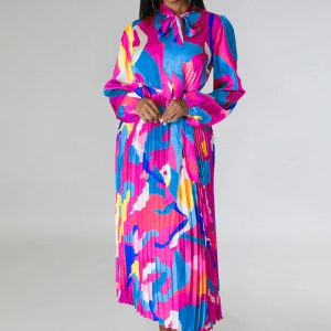 This Women's Tie Long Sleeve Printed Pleated Dress Design Made Of High Quality Polyster And Spandex Material. It Is Stretchy