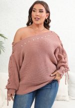 This Women's Tops Plus Size Women's Lace Up Bat Sleeves Sweater Sexy Off Shoulder Beaded Sweater Made Of Comfortable And Elastic Fabric. It Is Wholesale Sexy Plus Size Tops For Women. With The Gradual Rise Of Feminist Awareness