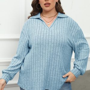 This Women's Tops Plus Size Women's Turndown Collar Knitting Shirt Ribbed Basic Casual t-Shirt Made Of Comfortable And Elastic Fabric. It Is Wholesale Sexy Plus Size Tops For Women. With The Gradual Rise Of Feminist Awareness