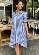 This Women's Turndown Collar Shirt Short Sleeve Asymmetric Dress Design Made Of High Quality Polyster And Spandex Material. It Is Stretchy