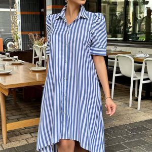 This Women's Turndown Collar Shirt Short Sleeve Asymmetric Dress Design Made Of High Quality Polyster And Spandex Material. It Is Stretchy