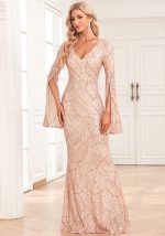 This Women's v Neck Slit Long Sleeves Fully Lined Formal Party Mermaid Glitter Evening Dress Design Made Of Good Quality Polyster And Spandex Material