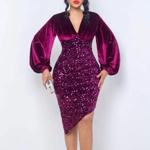 This Women's v-Neck Velvet Sequin Fashion Chic Bodycon Dress Design Made Of High Quality Polyster And Spandex Material. It Come With Good Stretch And Wearing Comfortable And Feeling Freedom. The Tight And Fitted Dress Is The Most Popular Options From Party Girls. Shop Bodycon Dresses At Global Lover And Find Amazing Designs Sequins