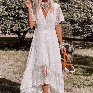 This Women's v-Neck Slim Dress Casual Mid-Length Swing Loose Long Dress Design Made Of High Quality Polyster And Spandex Material