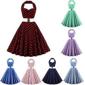 This Women's Vintage Polka Dot Print Halter Neck Low Back Sexy Mid Length Swing Dress Design Made Of High Quality Polyster And Spandex Material. It Is Stretchy