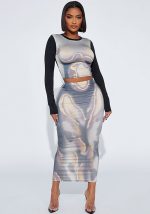 This Women's Winter Casual Printed Crop Round Neck Long Sleeve Top Slim Maxi Skirt Set Design Made Of High Quality Polyster And Spandex Material. It Is Stretchy