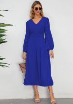 This Women's Autumn And Winter v-Neck Solid Color Long Sleeve Belt Elegant Casual Dress Design Made Of High Quality Polyster And Spandex Material. It Is Stretchy