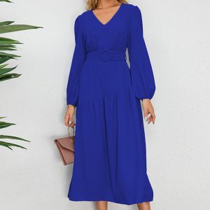 This Women's Autumn And Winter v-Neck Solid Color Long Sleeve Belt Elegant Casual Dress Design Made Of High Quality Polyster And Spandex Material. It Is Stretchy