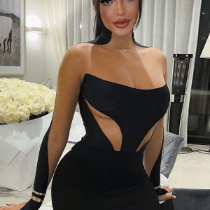 Esta moda de las mujeres en invierno Sexy Mesh Patchwork delgado de manga larga Bodycon vestido de diseño hecho de poliéster de alta calidad y material de spandex