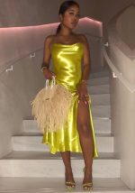 This Women's Gold Suspender Large Slit Evening Nightclub Dress Design Made Of High Quality Polyster And Spandex Material