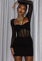 This Women's Sexy Wrap Chest Patchwork Mesh Long Sleeve Bodycon Dress Design Made Of High Quality Polyster And Spandex Material