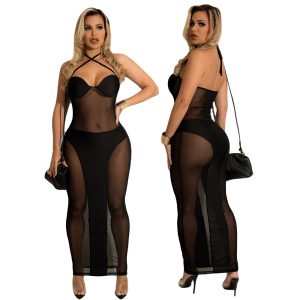 Questo colore solido delle donne Halter Mesh Patchwork Nightclub Dress Design fatto di alta qualità Polyster e materiale Spandex