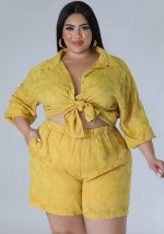 This Women's Summer Cutout Chiffon Jacquard Top Shorts Two-Piece Set Design And Made Of Comfortable And Elastic Fabric. Wholesale Plus Size Two Piece Sets Is a Must-Have Item For Curvy Ladies. Two Piece Sets Can Either Be Worn Together Or Individually