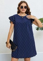 This Women's Summer Polka Dot Lotus Leaf Edge Dark Blue Dress Made Of Soft And Elastic Fabric. Global Lover Wholesale Plus Size Dresses And Hope Curvy Ladies Find Here a Warm And Exciting Place To Shop Affordable Curvy Dresses Online - Plus Size Casual