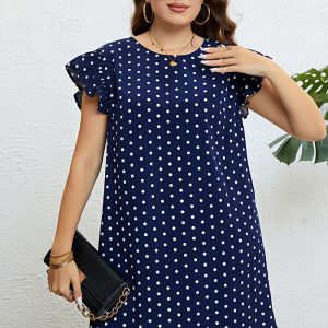 This Women's Summer Polka Dot Lotus Leaf Edge Dark Blue Dress Made Of Soft And Elastic Fabric. Global Lover Wholesale Plus Size Dresses And Hope Curvy Ladies Find Here a Warm And Exciting Place To Shop Affordable Curvy Dresses Online - Plus Size Casual