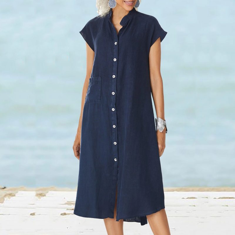 This Woven Cardigan Stand Collar Single Breasted Linen Pocket Slip Dress Design Made Of High Quality Polyster And Spandex Material. It Come With Good Stretch And Wearing Comfortable. Women¡¯s Midi Dresses Is Omnipotent And Suit For All Kinds Of Occasions - Daily Wear