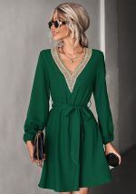 This Autumn Women v Neck Lace Long Sleeve Dress Design Made Of High Quality Polyster And Spandex Material. It Is Stretchy