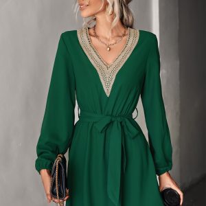 This Autumn Women v Neck Lace Long Sleeve Dress Design Made Of High Quality Polyster And Spandex Material. It Is Stretchy