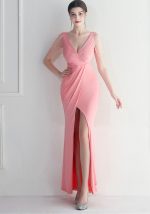 This Beaded v-Neck Slit Bridesmaid Wedding Night Club Long Dress Design Made Of Good Quality Polyster And Spandex Material