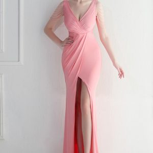 This Beaded v-Neck Slit Bridesmaid Wedding Night Club Long Dress Design Made Of Good Quality Polyster And Spandex Material