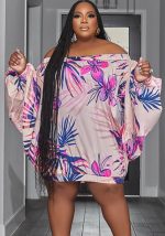 This Plus Size Off Shoulder Printed Bat Long Sleeve Loose Dress Design Made Of High Quality Polyster And Spandex Material. It Is Stretchy