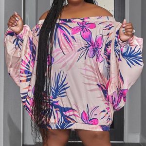 This Plus Size Off Shoulder Printed Bat Long Sleeve Loose Dress Design Made Of High Quality Polyster And Spandex Material. It Is Stretchy