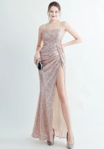 This Sequin Pleated Side Slit Straps Long Evening Dress Design Made Of Good Quality Polyster And Spandex Material