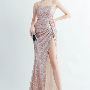 This Sequin Pleated Side Slit Straps Long Evening Dress Design Made Of Good Quality Polyster And Spandex Material