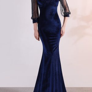 This Sexy Velvet Crystal Diamond Chain Bride Clothing Winter Long-Sleeved Mermaid Long Evening Dress Design Made Of Good Quality Polyster And Spandex Material