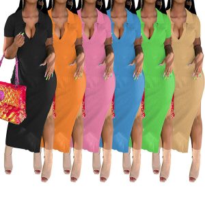 Este v 'Cuello Sólido Midi Vestido Africano Turndown Cuello Casual Vestido de Manga Corta Diseño Hecho De Poliester De Alta Calidad Y Material De Spandex. Viene con buen estiramiento y el uso cómodo. Vestidos de las mujeres Midi es omnipotente y traje para todo tipo de ocasiones - Daily Wear