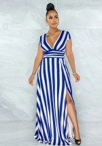 This Women's Sexy Fashion Striped Body Sculpting Slit Dress Design Made Of High Quality Polyster And Spandex Material