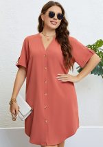 This Women's Summer v-Neck Button-Up Loose Dress Made Of Soft And Elastic Fabric. Global Lover Wholesale Plus Size Dresses And Hope Curvy Ladies Find Here a Warm And Exciting Place To Shop Affordable Curvy Dresses Online - Plus Size Casual