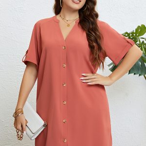 This Women's Summer v-Neck Button-Up Loose Dress Made Of Soft And Elastic Fabric. Global Lover Wholesale Plus Size Dresses And Hope Curvy Ladies Find Here a Warm And Exciting Place To Shop Affordable Curvy Dresses Online - Plus Size Casual