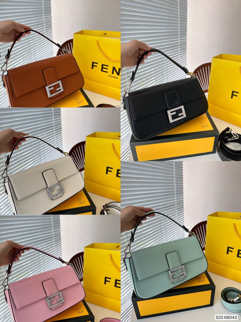 Fendi baguette bag with diamond buckle with folding box. In the 2023 Fashion Week street photography